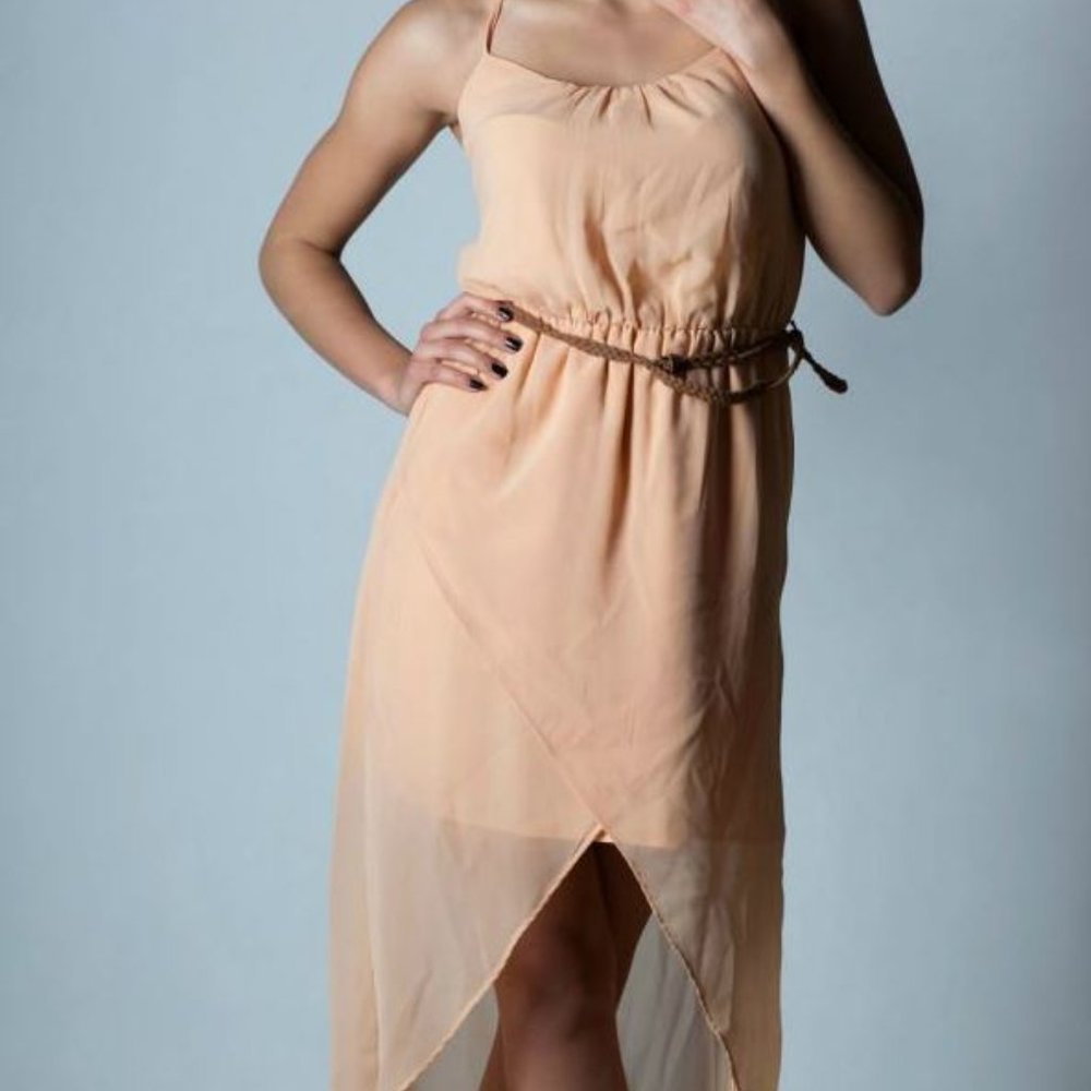 Asymmetric Peach High Low Spaghetti Strap Sheer Classic Dress